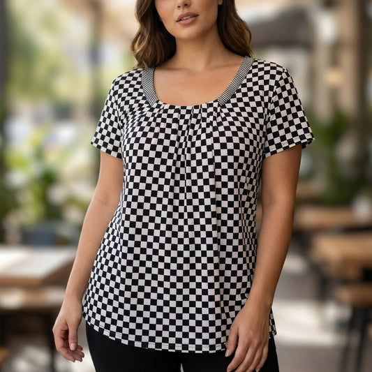 New York & Company Checkered Scoop Neck Pleated Top Women L Stretch Thrashed