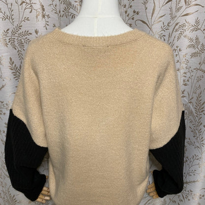 Lulus Nancie Colorblock Knit Sweater Small Camel Black Slouchy Cozy Neutral Soft