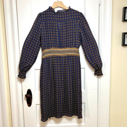 Max Studio Geometric Midi Dress Small Navy Blue Long Sleeve Boho Office Siren