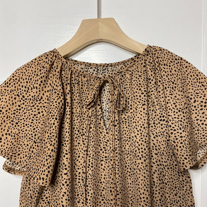 SHEIN Dalmation Print Flutter Blouse Tan Black Medium Keyhole Tie Office Siren