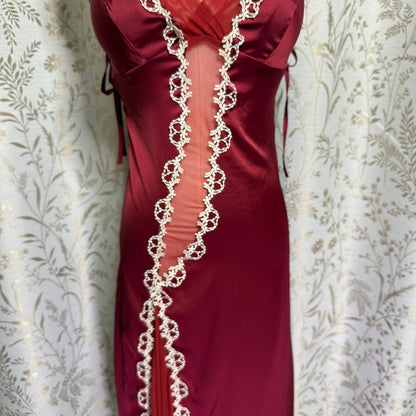 Satin Mesh Lace Slip Dress Women M Burgundy Y2K Romantic Coquette Glam Boudoir