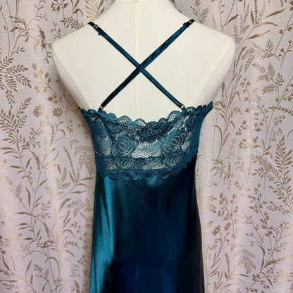 Alcea Rosea Lace Trim Satin Slip Dress Women M Green Romantic Coquette Boudoir
