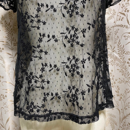 Black Embroidered Lace Mesh Top Small Coquette Soft Goth Romantic Sheer Floral