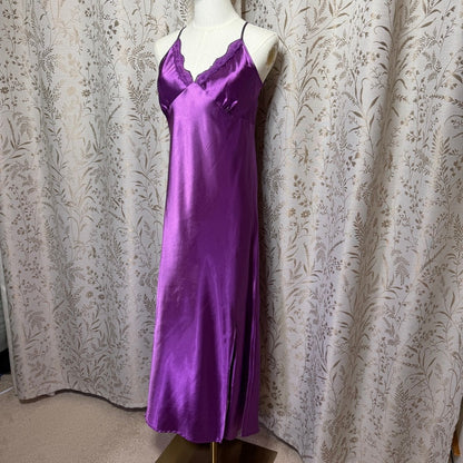 Alcea Rosea Purple Satin Lace Trim Crossback Slip Dress M Nightie Romantic Glam