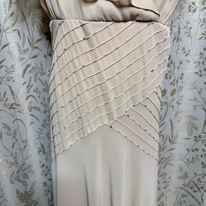 Liz Claiborne Beige Ruffle V-Neck Midi Dress Womens 16 Beaded Wedding Romantic