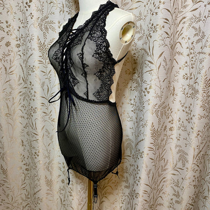Fredericks of Hollywood Black Stretch Lace Chemise L Garter Goth Coquette Pin-Up