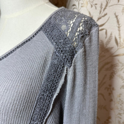 Knox Rose Front Tie Waffle Knit Top Women XL Gray Lace Boho Cozycore Romantic