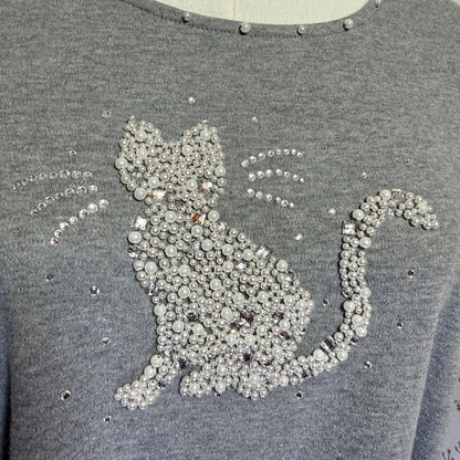 Quacker Factory Pearl Rhinestone Kitty Top 1X Cat Lover Whimsigoth Grandmacore