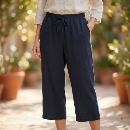 Lagenlook Black Crepe Cropped Wide Leg Pants Women 2XL Coastal Casual Minimalist