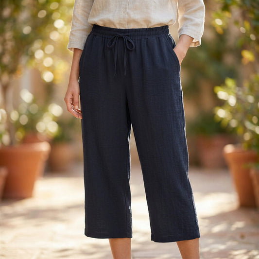 Lagenlook Black Crepe Cropped Wide Leg Pants Women 2XL Coastal Casual Minimalist