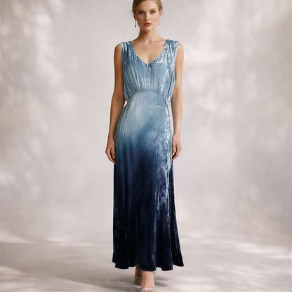 Nostalgia Vintage Ombre Crushed Blue Velvet Maxi Dress Womens L 90s Whimsigoth