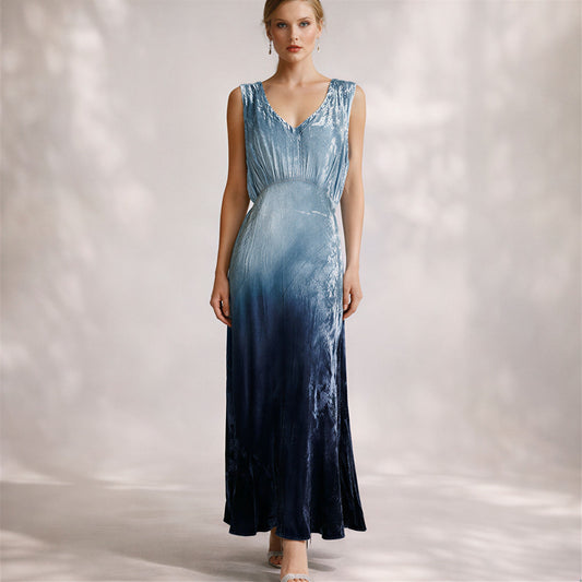 Nostalgia Vintage Ombre Crushed Blue Velvet Maxi Dress Womens L 90s Whimsigoth