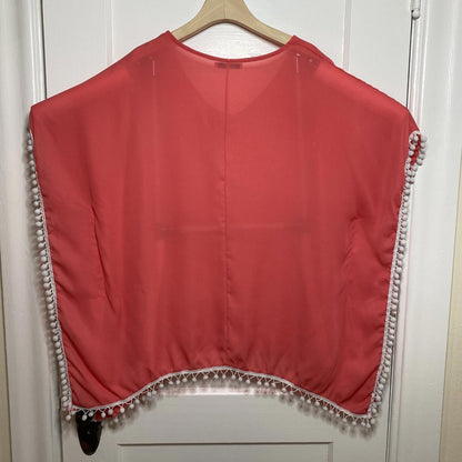 Adreamly Sheer Coral Pink Pom Pom Kaftan Poncho O/S Beach Cover Up Resortwear