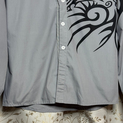 Jeansian Graphic Long Sleeve Button Up Shirt Mens M Gray Y2K Streetwear Cyber