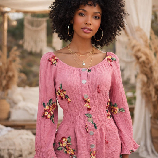 Fig and Flower Floral Embroidered Blouse Junior's XL Boho Cottagecore Romantic
