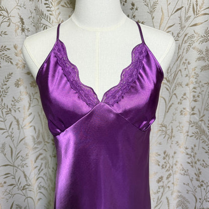Alcea Rosea Purple Satin Lace Trim Crossback Slip Dress M Nightie Romantic Glam