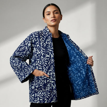 Vintage Handmade Batik Kimono Jacket XL Indigo Unlined Haori Coat Artsy Boho
