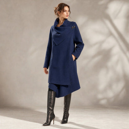 Garnet Hill Asymmetrical Boiled Wool Coat Women 18 Plus Blue Shawl Collar Artsy