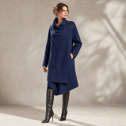 Garnet Hill Asymmetrical Boiled Wool Coat Women 18 Plus Blue Shawl Collar Artsy