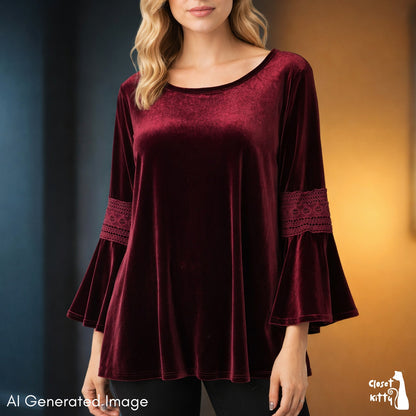 Velvet Burgundy Bell Sleeve Top XL Crochet Lace Boho Witchy Whimsigoth Retro