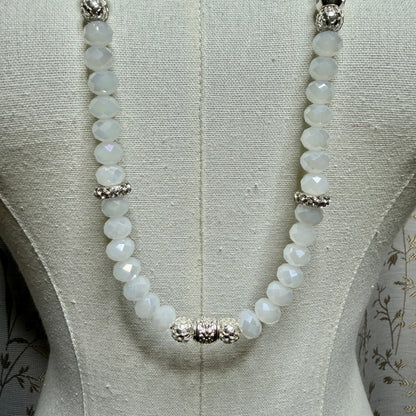 Vintage Artisan Faceted White Glass Bead Opera Rope Necklace 90s Boho Romantic