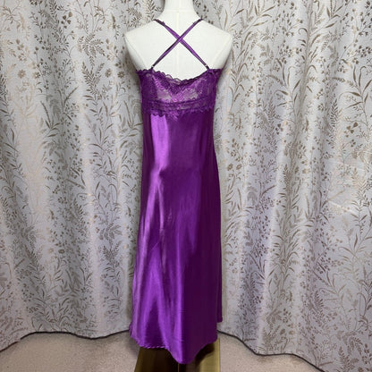 Alcea Rosea Purple Satin Lace Trim Crossback Slip Dress M Nightie Romantic Glam