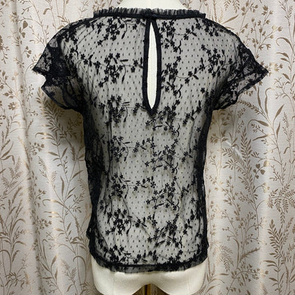 Black Embroidered Lace Mesh Top Small Coquette Soft Goth Romantic Sheer Floral