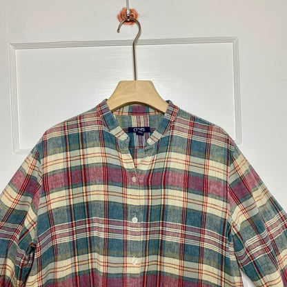 CHAPS Linen Cotton Plaid Mandarin Collar Shirt L Gingham Grandad Prairie Rural