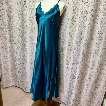Alcea Rosea Lace Trim Satin Slip Dress Women M Green Romantic Coquette Boudoir