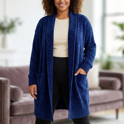 Orvis Chenille Open Front Duster Cardigan Women XXL Blue Cozy Cabincore Grandma