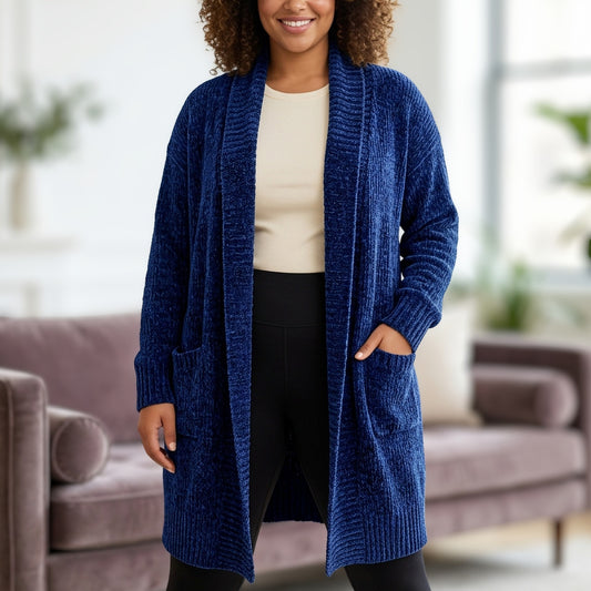 Orvis Chenille Open Front Duster Cardigan Women XXL Blue Cozy Cabincore Grandma
