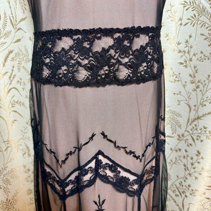Newport News VTG Y2K Lace Mesh Flapper Dress 10 Black Pink Art Deco Gatsby 1920s