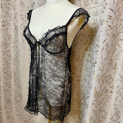 Victoria Secret Black Lace Flyaway Babydoll L Dark Coquette Romantic Fairy Goth