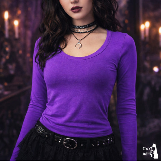 Zenana Purple Long Sleeve Scoop Neck Top Fits XS Fairycore Grunge Whimsigoth