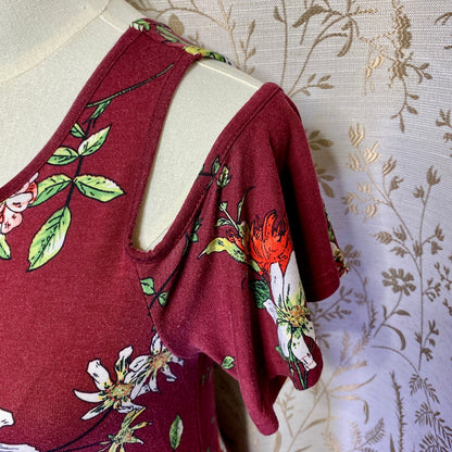 Boho Floral Burgundy Cold Shoulder Dress Small Romantic Fairycore Whimsigoth