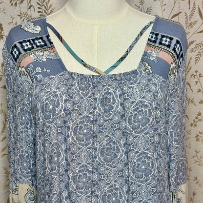 Knox Rose Floral Strappy Tunic Top Womens L Blue Boho Peasant Prairie Romantic