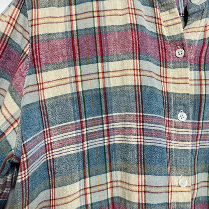 CHAPS Linen Cotton Plaid Mandarin Collar Shirt L Gingham Grandad Prairie Rural