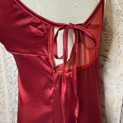 Satin Mesh Lace Slip Dress Women M Burgundy Y2K Romantic Coquette Glam Boudoir