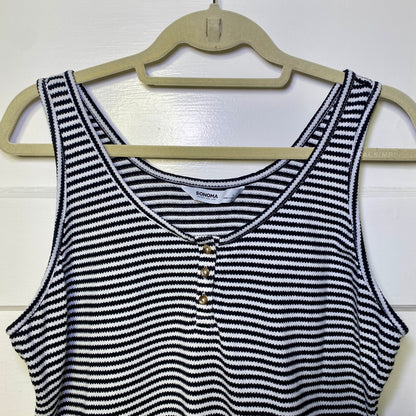 Sonoma Striped Henley Tank Top Women L Black White French Girl Coastal Nautical