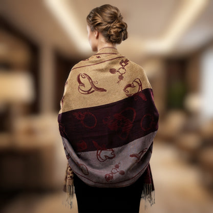 Reversible Pashmina Shawl Wrap Burgundy Tan Leopard Novelty Print Fringed Boho