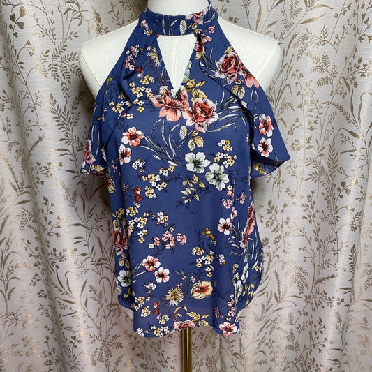 IZ BYER Blue Floral Ruffle Halter Top Small Keyhole Romantic Boho Cottagecore