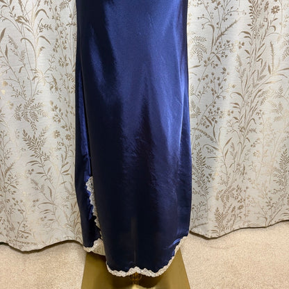 Jaclyn Smith Blue Satin Lace Trim Long Slip Dress Women M Vintage 90s Y2K Glam