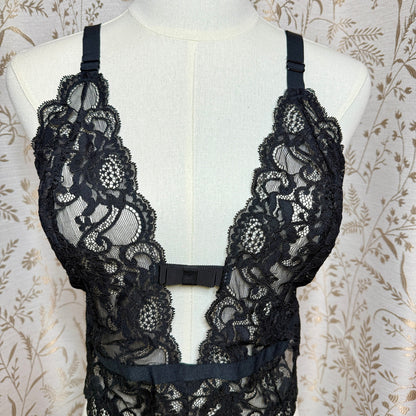 Victorias Secret Black Lace Plunge Teddy Womens L Sexy Sirencore Dark Coquette