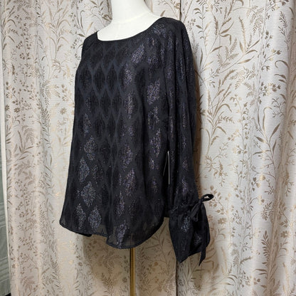 Halogen NWT Metallic Argyle Tie Cuff Blouse Women XL Black Whimsigoth Holiday