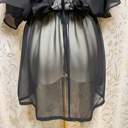 Victorias Secret Black Sheer Ruffle Lace Babydoll Robe S/M Kimono Coquette Goth