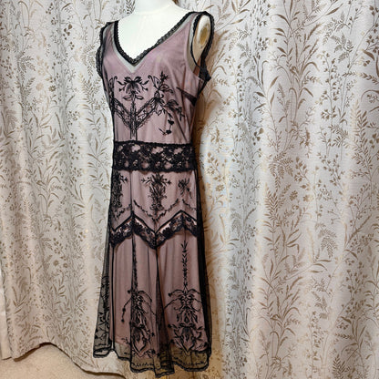 Newport News VTG Y2K Lace Mesh Flapper Dress 10 Black Pink Art Deco Gatsby 1920s